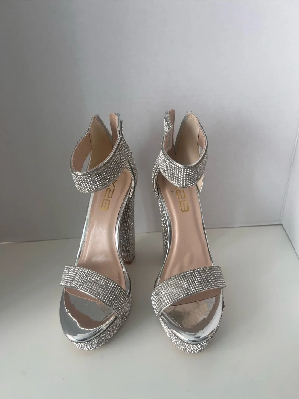 X-28 Silver Crystal Platform Ankle-Strap Heels